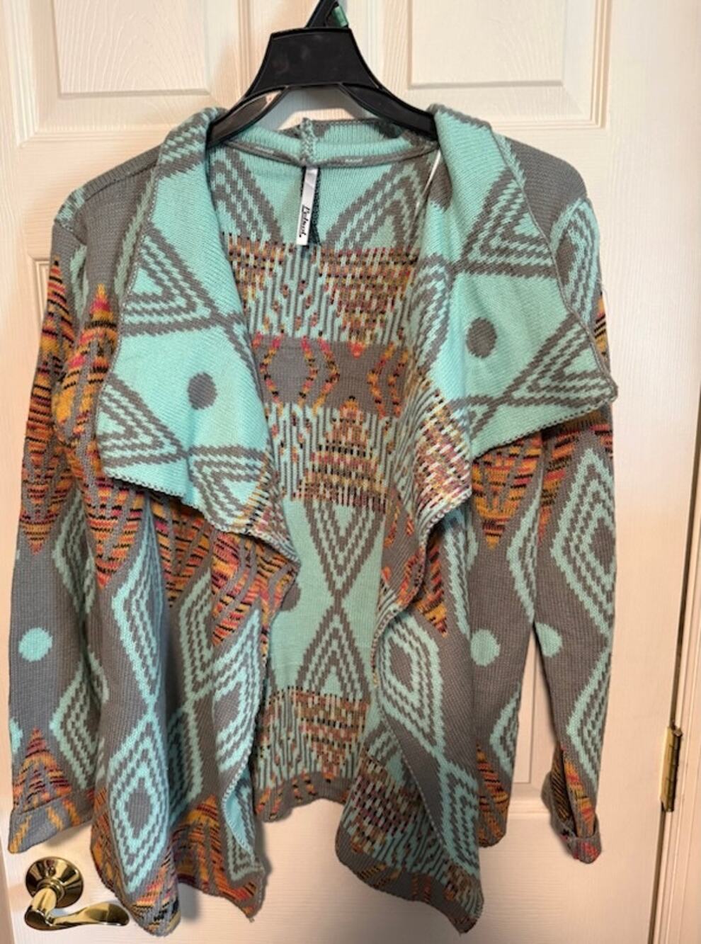 Women's Petrol Teal Aztec print long flowy cardigan - Size L/XL